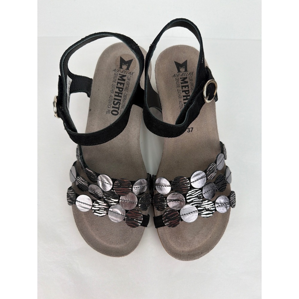 NEW Mephisto Wedge Sandals 37 Black Silver Disc Embellished Leather Boho Chic